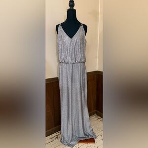 Calvin Klein Maxi Dress Size 14 Silver Elegant Long Formal Evening Dress